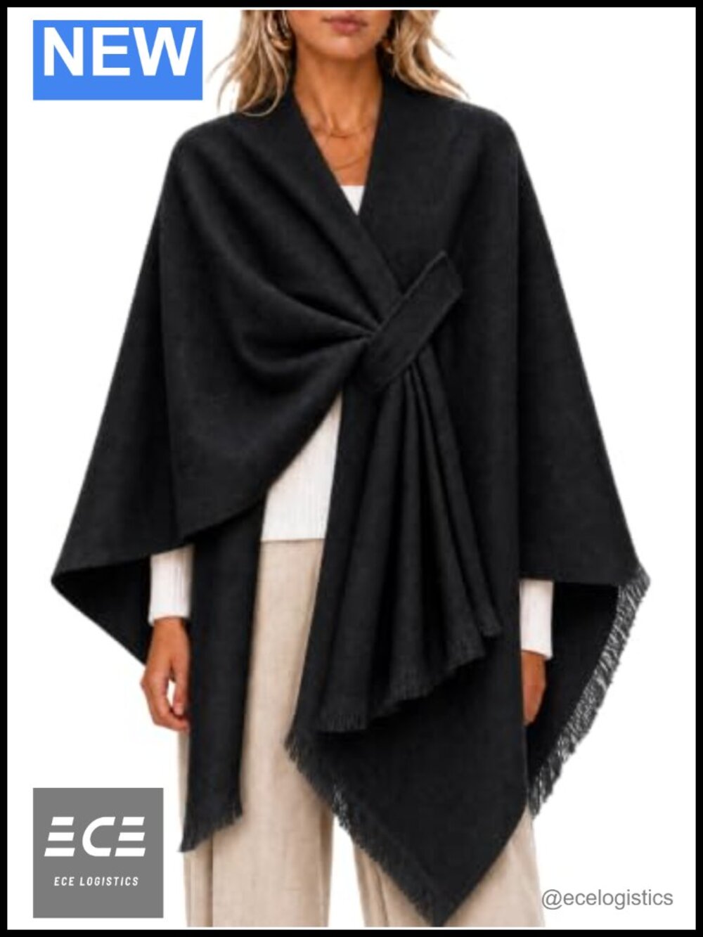 Soft Knit Open Front Poncho Sweater Wrap Shawl Tie Front Free Size